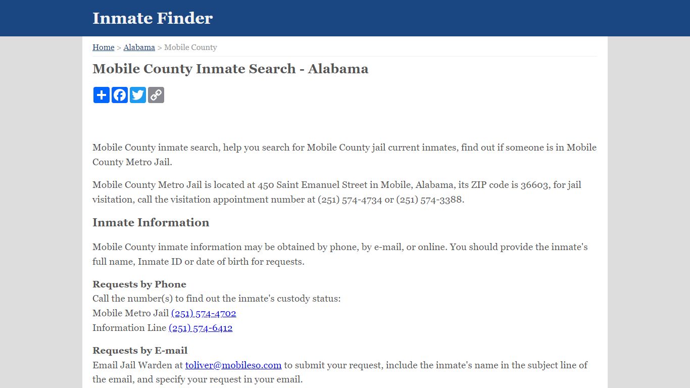 Mobile County Inmate Search - Alabama - InmateFinder.org